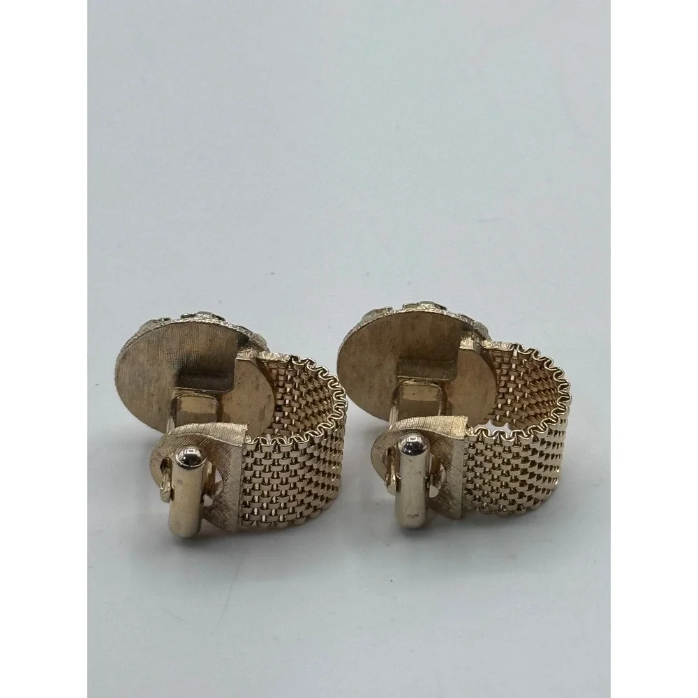 Vintage Gold Tone Mesh‎ Wrap Cufflinks Smoky Rhinestone Statement Men's